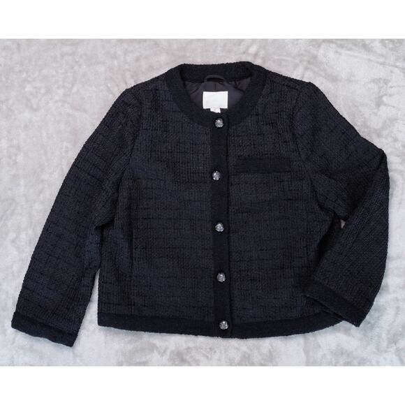 H&M Black Textured Weave Wool Blend Tweed Lined Collarless Jacket Womens Size L - Picture 1 of 16